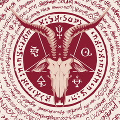 Vector banner with illustration of the head of a horned goat and pentagram inscribed in a circle. The symbol of Satanism Baphomet on the background of old manuscript written in a circle in retro style - obrazy, fototapety, plakaty