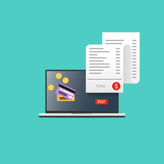 Online payment concept. Laptop with bill payment. Vector