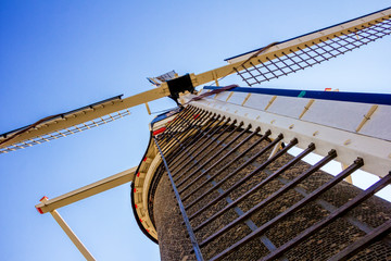Leiden, Holland, Netherlands, April 21, 2019. CLose-up view of sail axle and vanes of cap loft and...