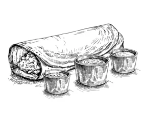 Masala Dosa. Traditional indian dish. Vector hand drawn illustration. Sketch style.Pancake served with spicy dips  © Alex