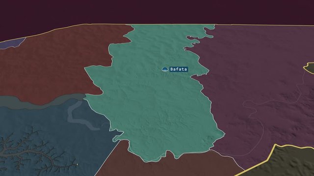 Bafat&aacute; - region of Guinea Bissau with its capital zoomed on the administrative map of the globe. Animation 3D