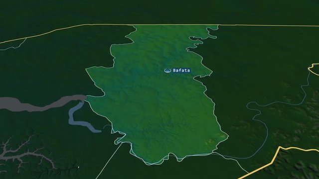 Bafat&aacute; - region of Guinea Bissau with its capital zoomed on the physical map of the globe. Animation 3D
