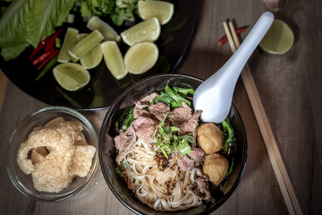 Thai style noodle blood soup,boat noodle,delicious dish,famous Thai noodle soup. Thai peoples call Boat Noodles. Close up or selective focus 