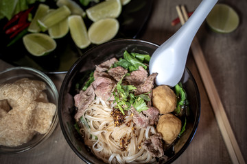 Thai style noodle blood soup,boat noodle,delicious dish,famous Thai noodle soup. Thai peoples call Boat Noodles. Close up or selective focus 