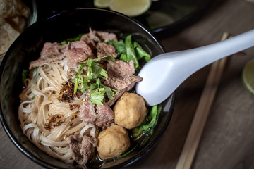Thai style noodle blood soup,boat noodle,delicious dish,famous Thai noodle soup. Thai peoples call Boat Noodles. Close up or selective focus 