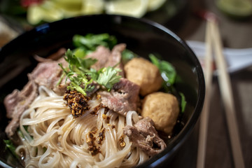 Thai style noodle blood soup,boat noodle,delicious dish,famous Thai noodle soup. Thai peoples call Boat Noodles. Close up or selective focus 