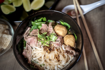Thai style noodle blood soup,boat noodle,delicious dish,famous Thai noodle soup. Thai peoples call Boat Noodles. Close up or selective focus 