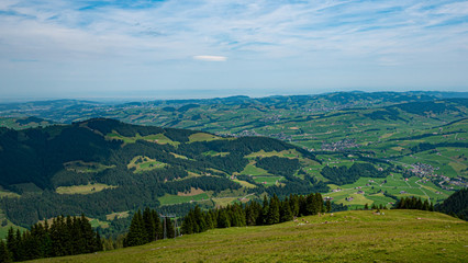 Wide angle view over the landscape in the Appenzell region of Switzerland