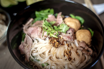 Thai style noodle blood soup,boat noodle,delicious dish,famous Thai noodle soup. Thai peoples call Boat Noodles. Close up or selective focus 