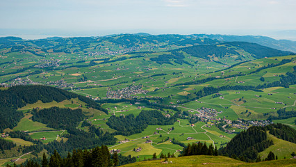 Wide angle view over the landscape in the Appenzell region of Switzerland
