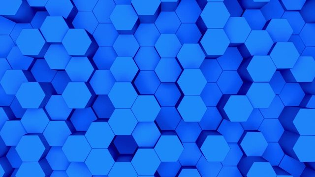 Abstract dark blue hexagon motion background. 3D animation of a blue hexagons rising up and down.