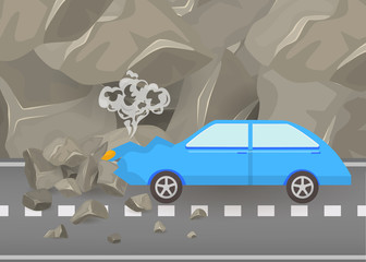 Car crash and accidents on road vector illustration. Damaged and broken automobile scene of carsh car among mountains and grey rocks poster.