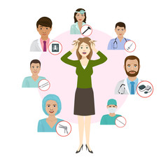 Medicne doctors proffesionals for womans deseases vector illustration. Medic staff set with medical tools icons. Medics team concept in flat design people character.