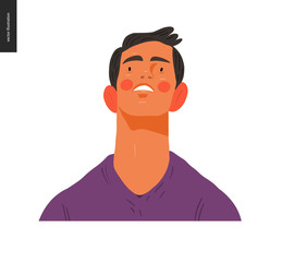 Obraz premium Real people portrait - hand drawn flat style vector design concept illustration of a young brunette man, face and shoulders avatar. Flat style vector icon