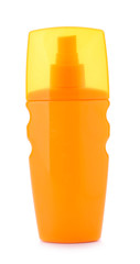 Bottle of sun protection cream on white background