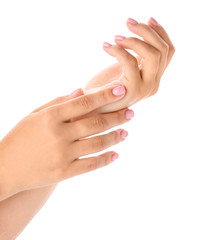 Female hands with beautiful manicure on white background