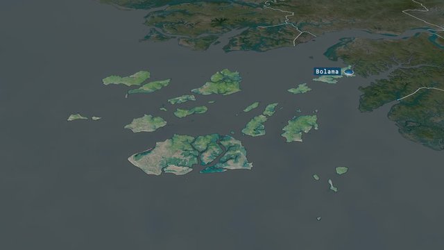 Bolama - region of Guinea Bissau with its capital zoomed on the satellite map of the globe. Animation 3D