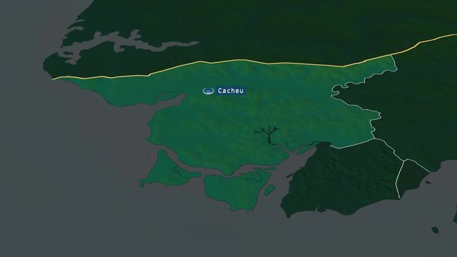 Cacheu - region of Guinea Bissau with its capital zoomed on the physical map of the globe. Animation 3D