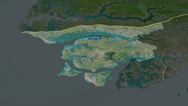 Cacheu - region of Guinea Bissau with its capital zoomed on the satellite map of the globe. Animation 3D