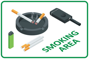 Isometric Smoking Area Concept. Information signboard. Smoking area with tobacco cigarette sticker