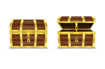 Vector 3d Realistic Closed and Opened Retro Vintage Antique Old Treasure Wooden brown Pirate Dower Chest with Golden Metal Stripes and Padlock and Keyhole Closeup Isolated on White Background