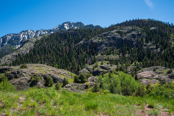 Fototapeta na wymiar Landscape of mountains and trees near Ouray, Colorado on the Million Dollar Highway