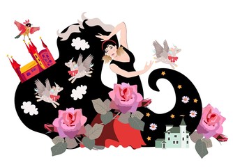 Fairy tale woman with unicorns and bird, castles and rose flowers in magic land. Beautiful design for album drawing cover, card, poster.