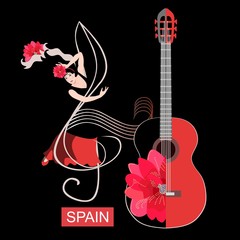 Young spanish girl dances a flamenco on treble clef and red-black guitar near. Beautiful card, poster.