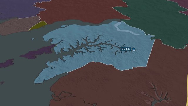 Quinara - region of Guinea Bissau with its capital zoomed on the administrative map of the globe. Animation 3D
