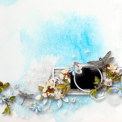 Decorative frame in scrapbook style with blue background. Summer or spring flowers, brooch...
