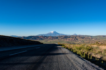 The road from Dogubayazıt to Lake Van: Mount Ararat, Agri Dagi, the highest mountain in the...