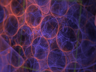 3D Illustration, Abstract Background Image, Graphic Resource, textures. Glowing array of 3D purple spheres, energy, chaotic plasma Circles, repeating patterns.