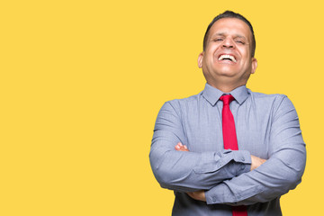 Middle age arab man wearing red tie over isolated background happy face smiling with crossed arms looking at the camera. Positive person.