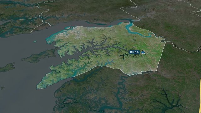 Quinara - region of Guinea Bissau with its capital zoomed on the satellite map of the globe. Animation 3D