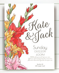 Vector delicate invitation with gladiolus for wedding, marriage, bridal, birthday, Valentine's day. Beautiful flower composition template. Summer composition. 