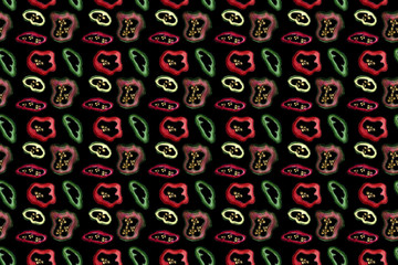 Red hot chili peppers seamless pattern on colored background, hand drawn watercolor. Autumn, harvest, vegetarian, vegetables.