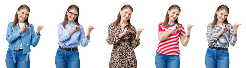 Collage of beautiful middle age woman over isolated background Pointing to the back behind with hand and thumbs up, smiling confident