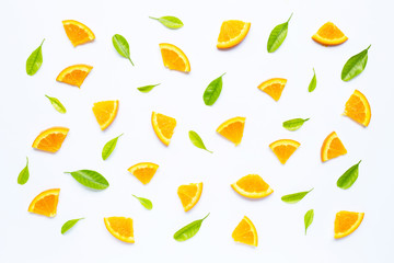High vitamin C, Juicy and sweet. Fresh orange fruit with green leaves  on white.