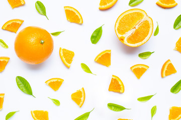 High vitamin C, Juicy and sweet. Fresh orange fruit with green leaves  on white.