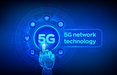 5G network wireless systems and internet of things, Smart city and communication network. 5G wireless mobile internet wifi connection. Robotic hand touching digital interface. Vector illustration.