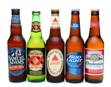 JULY 14, 2014: 5 bottles of assorted cold beers. Domestic and Imported brews including, Budweiser, Bud Light, Bass, Dos Equis and Samuel Adams.d Cold Beers