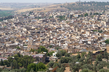 Fototapeta na wymiar Panoramic aerial view to the old medina of Fez in Morocco.