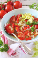 Summer vitamin detox soup with celery, red bell pepper and tomatoes