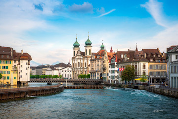 Beautiful historic city center of Lucerne with famous buildings and lake Lucerne in Canton of Lucerne, Switzerland