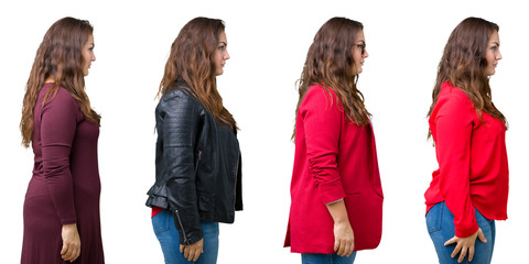 Fototapeta premium Collage of beautiful plus size business woman over isolated background looking to side, relax profile pose with natural face with confident smile.
