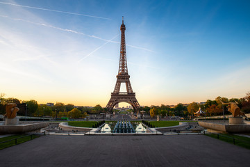 Landscape panoramic view on the Eiffel tower and park during the sunny day in Paris, France. Travel and Vacation concept..
