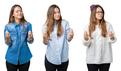 Collage of beautiful young woman over isolated background Doing money gesture with hand, asking for...