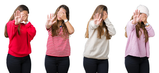 Collage of beautiful young woman over isolated background covering eyes with hands and doing stop gesture with sad and fear expression. Embarrassed and negative concept.