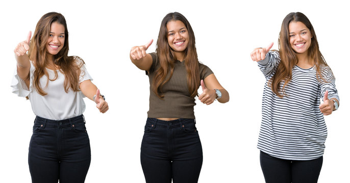 Collage of beautiful young woman over isolated background approving doing positive gesture with hand, thumbs up smiling and happy for success. Looking at the camera, winner gesture.
