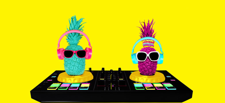  Pineapples in headphones and glasses on a dj mixer. yellow background. Concept art collage